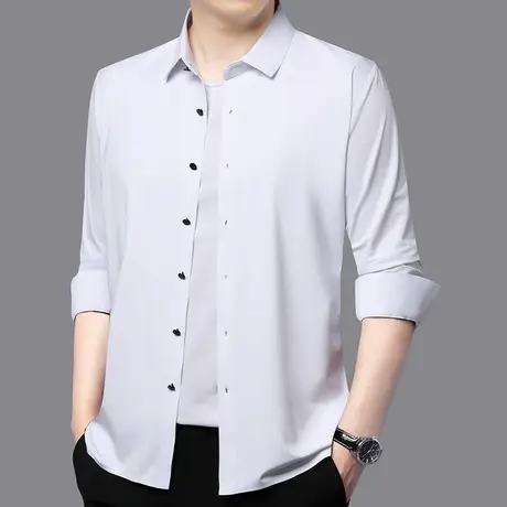 品质男装 秋季男长袖衬衫翻领大码休闲衬衣纯色简约青年男打底衫商品大图