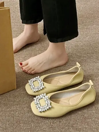 韩版气质水钻方扣平底豆豆瓢鞋女2023春秋新款方头浅口低跟鞋单鞋商品大图