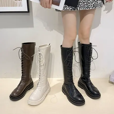 长筒靴女2023春秋季新款显瘦绑带马丁靴不过膝皮靴厚底高筒骑士靴商品大图