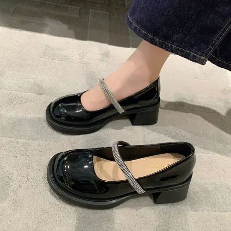 小皮鞋女2023新款夏季漆皮浅口水钻乐福鞋英伦风法式时髦黑色单鞋商品大图