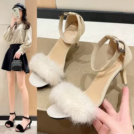 高跟鞋女细跟2023年新款中跟一字带气质毛毛仙女包跟凉鞋夏季网红商品大图