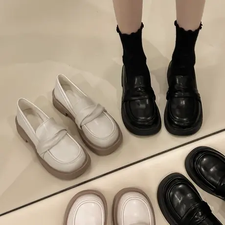 乐福鞋女春秋2025新款一脚蹬休闲女鞋厚底单鞋子黑色英伦风小皮鞋图片