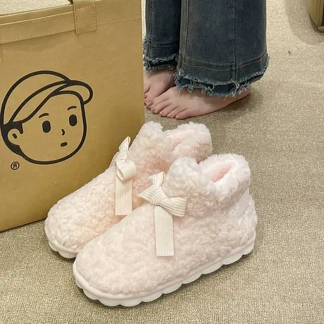 毛绒棉拖鞋女士冬季室内居家时尚蝴蝶结保暖防滑厚底家用包跟棉鞋商品大图