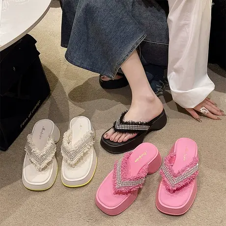 网红水钻拖鞋女夏2024新款外穿松糕厚底人字拖休闲凉拖增高ins潮商品大图