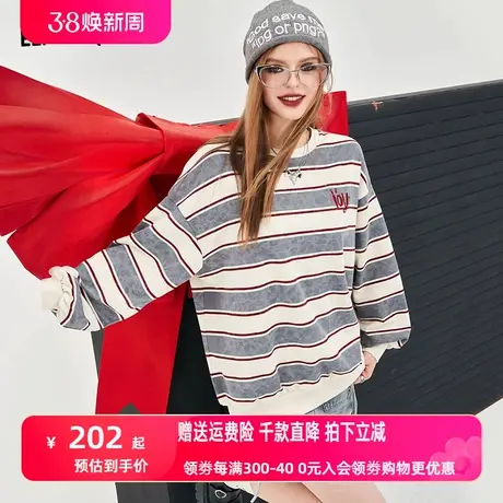 妖精的口袋条纹圆领女2024年早春新款复古美式减龄学院风宽松上衣图片