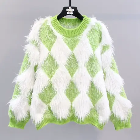 撞色菱形格毛衣女秋冬2023新款日系慵懒风宽松软糯短款针织衫上衣图片