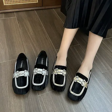 复古乐福鞋女2024年春季新款懒人一脚蹬单鞋水钻配裙子英伦豆豆鞋图片