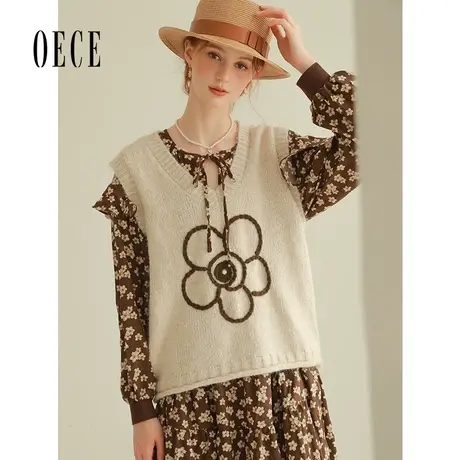 Oece设计感毛针织衫背心女2023秋季新款女装复古花朵上衣女春秋图片
