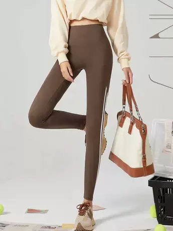 咖啡色打底裤女外穿2023秋季弹力运动通勤条纹薄款休闲紧身小脚裤图片