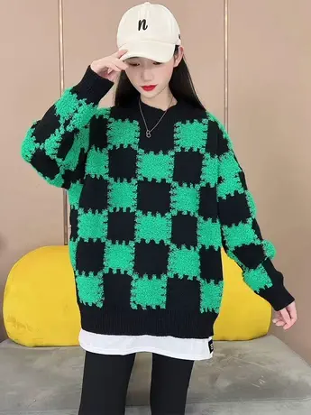 欧版假两件针织毛衣女秋冬新款2023年宽松时髦撞色套头中长款上衣商品大图