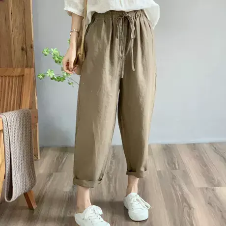 dza 高腰显瘦亚麻休闲裤女夏薄款九分直筒裤宽松棉麻哈伦裤萝卜裤图片