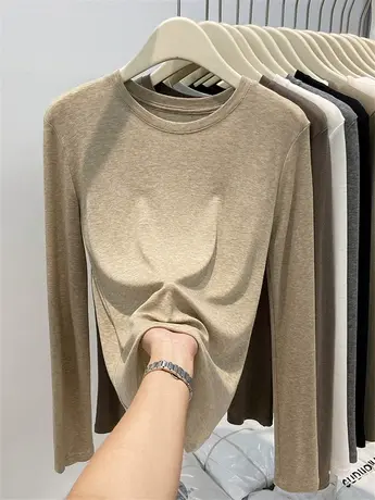 黑色圆领长袖T恤女2023初秋新款纯色薄款天丝棉内搭打底衫上衣潮商品大图