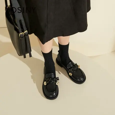卓诗尼乐福鞋女2023夏秋新款粗跟网面英伦小皮鞋金属饰扣休闲单鞋商品大图