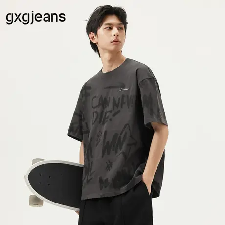gxg.jeans男装  深灰色涂鸦字母满印时尚圆领短袖T恤男 25夏新品图片
