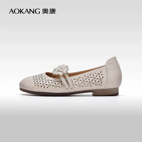 【门店发货】奥康女鞋春季新款真皮镂空中老年妈妈鞋低跟单鞋图片