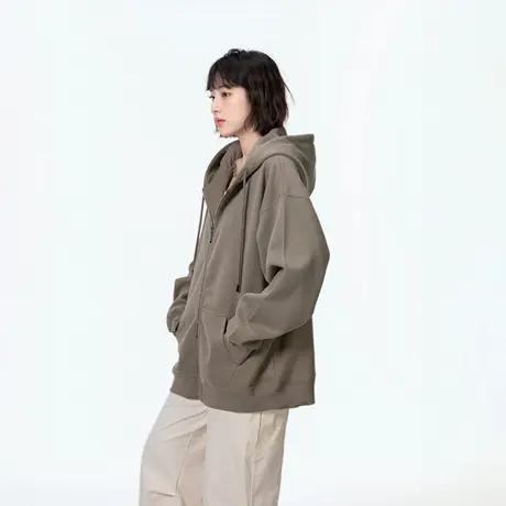 复古纯色连帽卫衣女春秋2025新款多巴胺长袖上衣宽松拉链开衫外套商品大图