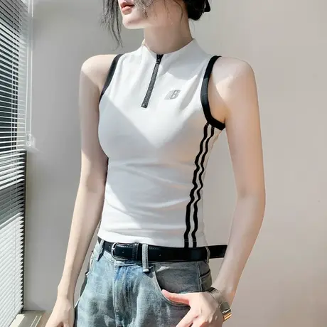 美式拉链半开领字母背心女2025春夏新款修身拼色运动外穿无袖上衣商品大图