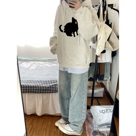 猫咪印花设计感连帽卫衣女春秋冬新款宽松慵懒风上衣薄款加绒外套图片