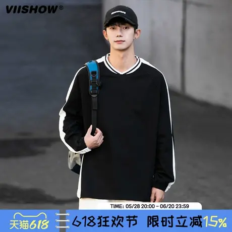 VIISHOW春季情侣宽松拼接撞色圆领长袖T恤男生日系条纹慵懒感上衣商品大图