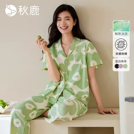 秋鹿柔软舒适抑菌防螨凉感纯棉睡衣女2025夏季薄款印花短袖家居服商品大图