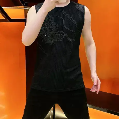 2025夏季新款男士冰丝提花背心高档植绒烫钻速干无痕男装无袖T恤图片