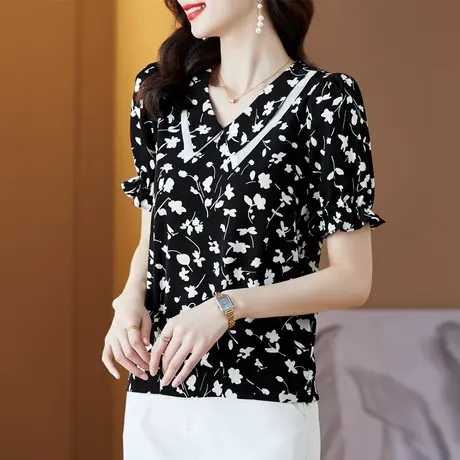 2023夏季新款短袖黑色雪纺衬衫女v领宽松荷叶边小衫印花女士上衣商品大图