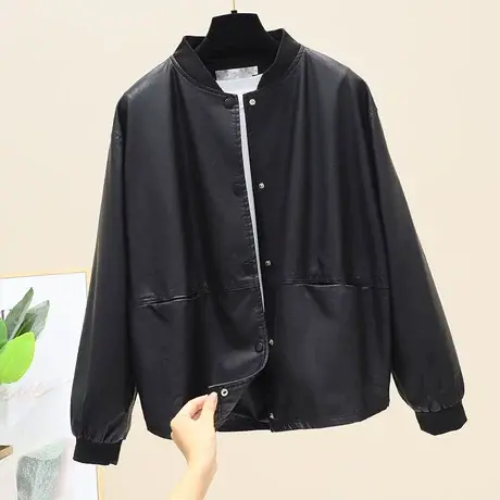 原创棒球领PU皮短外套女士春季新款文艺复古宽松长袖上衣夹克衫潮商品大图