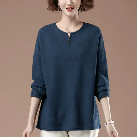 长袖t恤女春秋新款加肥加大码女装宽松显瘦中年妈妈加绒打底衫女商品大图