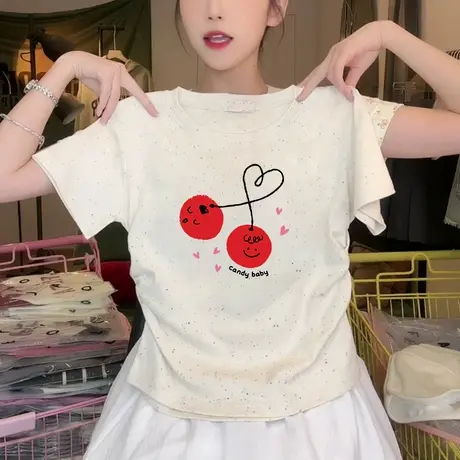 彩点正肩高腰修身短袖t恤女2025夏季新款圆领短袖褶皱收腰上衣潮商品大图