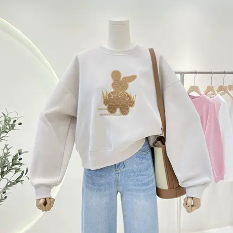 复古宽松圆领套头卫衣女2023年春秋新款贴布兔子洋气长袖上衣ins商品大图