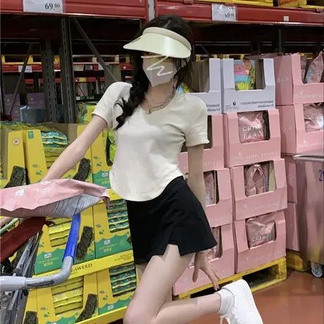 夏季2023新款纯欲风短款不规则辣妹上衣设计感小众短袖t恤女ins潮商品大图