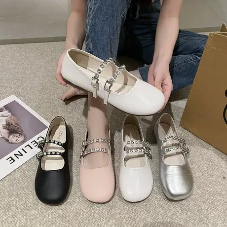 韩版复古时尚水钻浅口玛丽珍平底鞋女2023新款春夏韩版温柔小单鞋商品大图