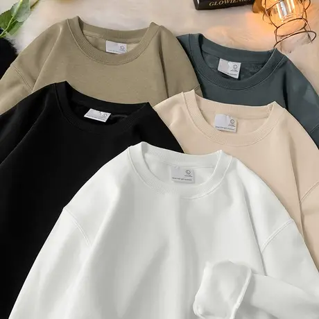 320g重磅圆领卫衣男士秋冬加绒加厚无帽长袖t恤纯色白色潮流百搭商品大图