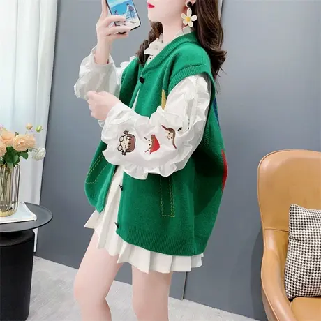 绿色无袖开衫针织马甲背心女2024年新款秋季宽松叠穿毛衣坎肩上衣商品大图