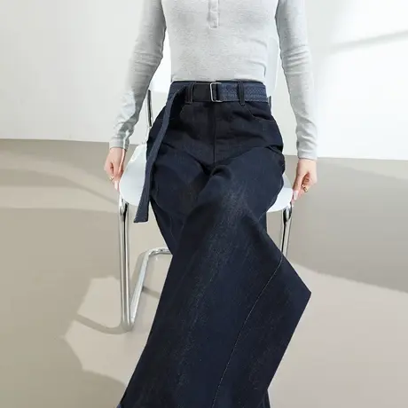 莱赛尔蕾丝挽边阔腿裤女2025夏季新款高腰宽松显瘦复古腰带牛仔裤商品大图