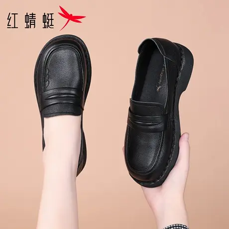 红蜻蜓女鞋秋季新款女士休闲一脚蹬平底皮鞋女款妈妈真皮乐福单鞋图片