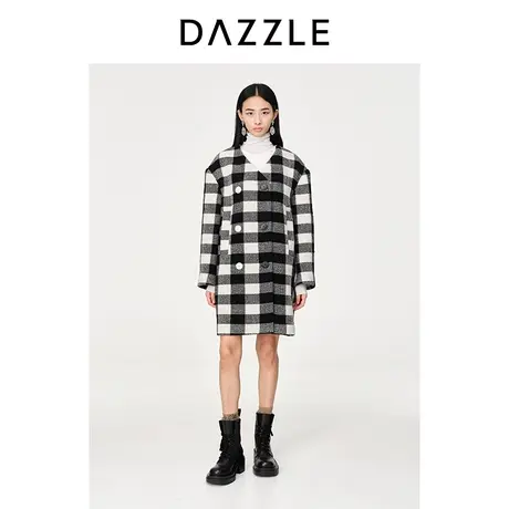 DAZZLE地素奥莱23春装新款复古黑白格子中长款毛呢大衣外套上衣图片