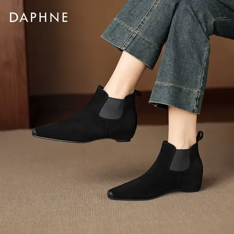 达芙妮黑色短靴女秋冬2025新款法式瘦瘦靴绒面增高马丁靴短筒靴子图片