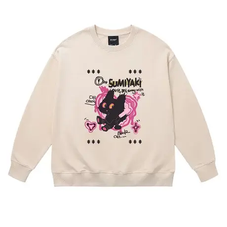 日系潮牌卡通趣味猫咪圆领卫衣男女秋冬季学生宽松薄款套头上衣商品大图