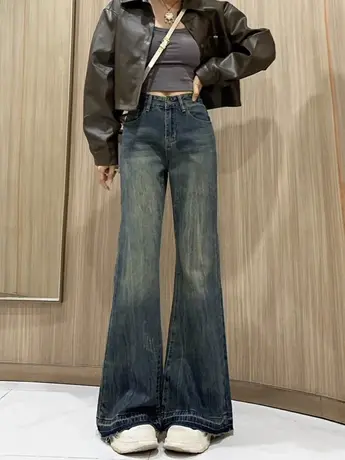 美式复古微喇叭牛仔裤女秋冬2023新款高腰显瘦宽松拖地阔腿裤高街图片