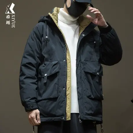 希越新国标鸭绒夹克羽绒服连帽外套男士冬季宽松大码潮牌工装棉袄商品大图