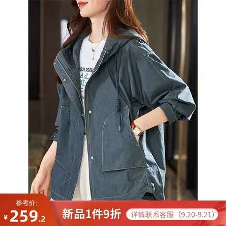 宝诗黎连帽蝙蝠袖棉质拉链上衣2023早秋新款宽松牛仔外套休闲开衫商品大图