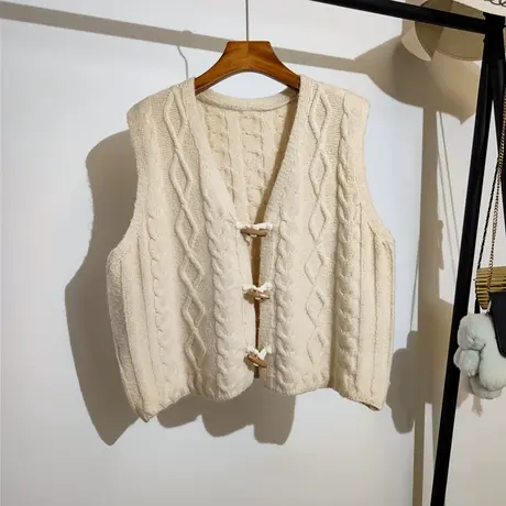 学院风针织马甲开衫女秋冬新款宽松v领百搭麻花无袖毛衣背心外套图片