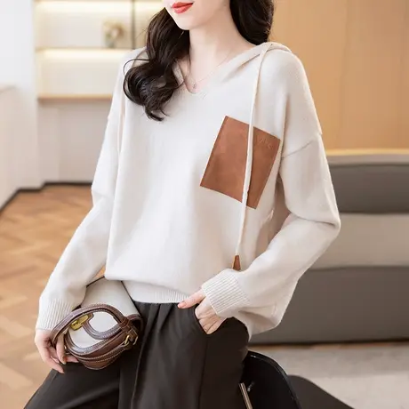 连帽衫女2023秋冬新款韩版宽松纯色长袖套头系带针织衫毛衣女上衣图片