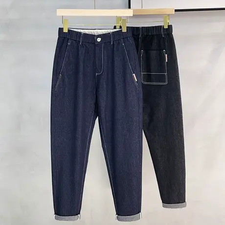 秋冬季日系原色牛仔裤男潮牌宽松直筒休闲长裤松紧腰锥形裤男裤子图片