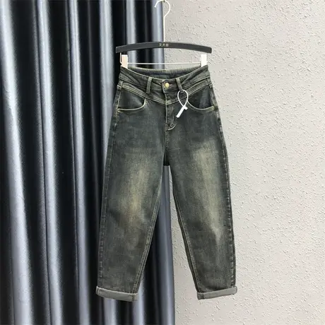 欧货加绒加厚哈伦裤女23秋冬新款重工磨白高腰小众百搭牛仔九分裤商品大图