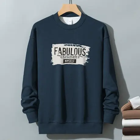 350g重磅摇粒绒卫衣男秋冬款圆领打底衫字母印花套头无帽长袖t恤商品大图