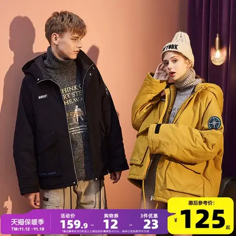 唐狮情侣装棉衣冬季新款工装棉袄男中长款派克服宽松连帽棉服外套商品大图