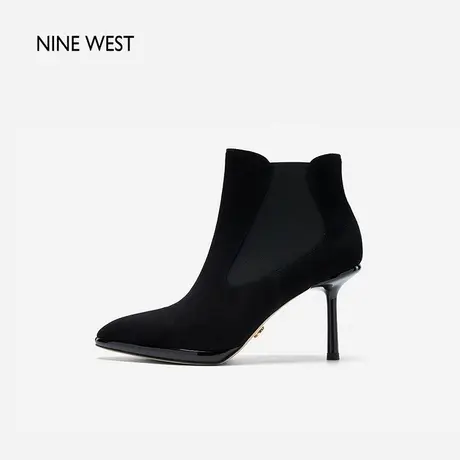 Nine West/玖熙羊反绒复古尖头单靴2023冬新款韩系简约拼接时装靴图片