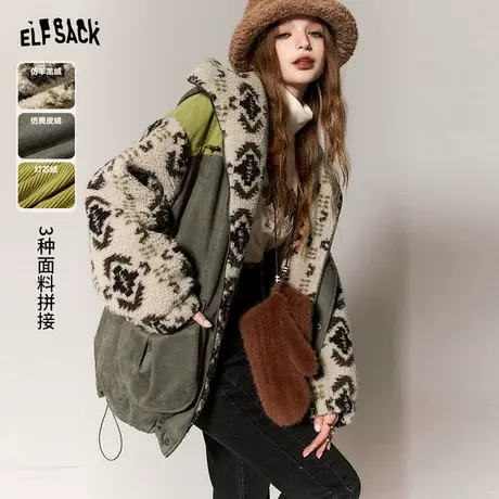 妖精的口袋加厚棉服女2023冬季新款小个子拼接复古设计感宽松棉衣图片